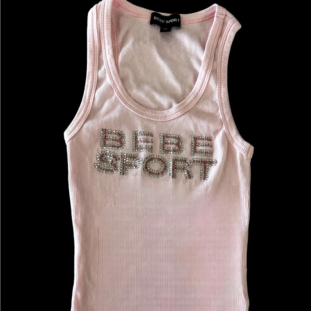 Bebe Sport Pink Rhinestone Logo Tank Top